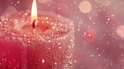 A pink candle lit on a pink background. Perfect for adding a soft touch to any design