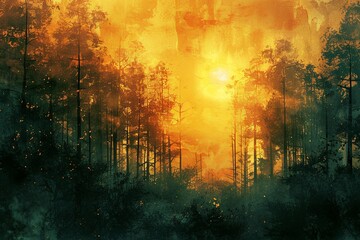 An illustration depicting a forest fire with towering trees silhouetted against a blazing backdrop - obrazy, fototapety, plakaty