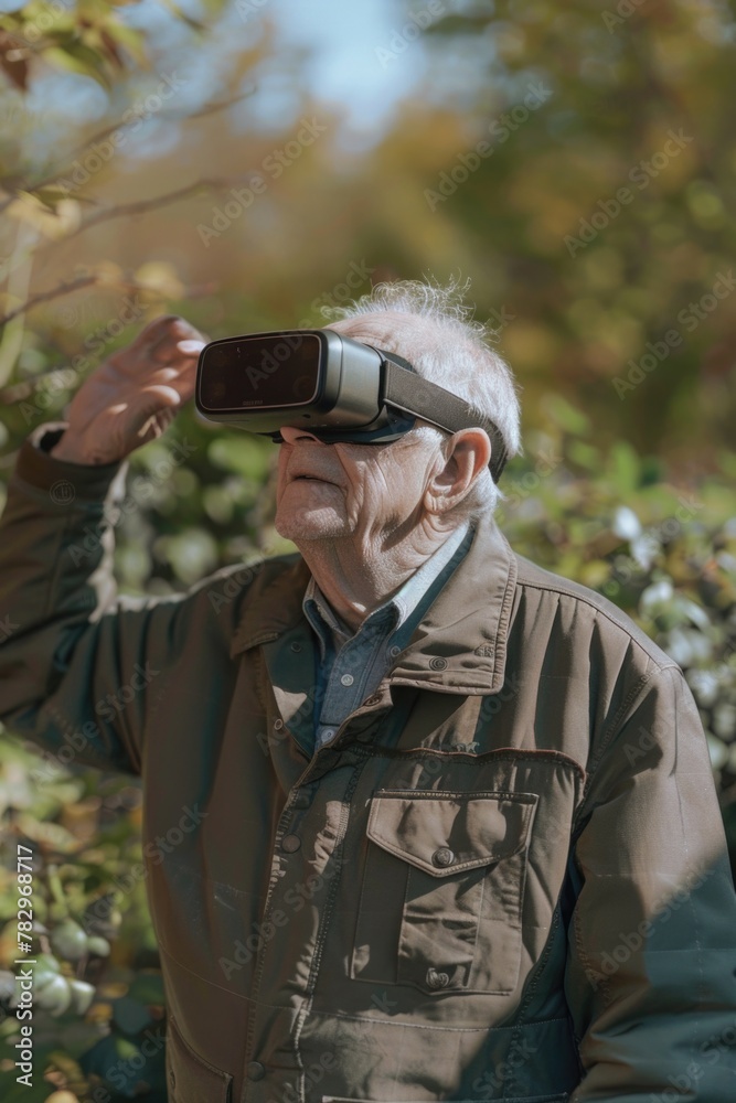 Poster an older man experiencing virtual reality, suitable for technology concepts