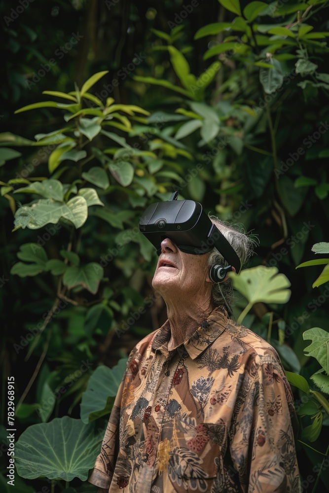 Poster a man wearing a virtual reality headset in a forest. suitable for technology and nature concepts