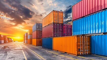 Fototapeta premium As the sun dips below the horizon, shipping containers stand tall like colorful giants at the port, awaiting their journey across the seas under a sky ablaze with fiery hues. 