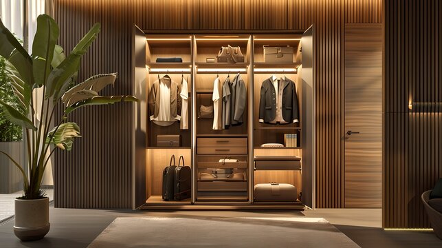 Elegant Walk-in Closet in Modern Home Interior. Luxurious Wardrobe Design, Neatly Organized Clothes, Warm Lighting. AI