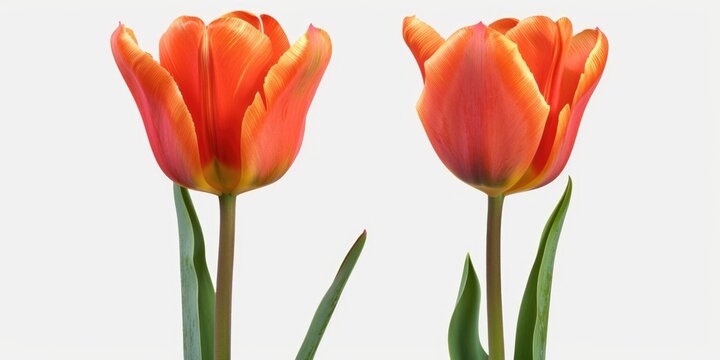 Vibrant orange tulips with green leaves on a clean white background. Perfect for springtime and floral themes