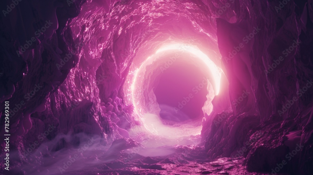 Poster a mysterious dark cave with a glowing light at the end. perfect for illustrating hope or overcoming 