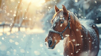 A majestic brown horse standing in the snow, suitable for winter-themed designs
