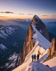 Three climbers stand in awe atop a snowy ridge, with a striking mountain peak nearby under a radiant sunset. - obrazy, fototapety, plakaty