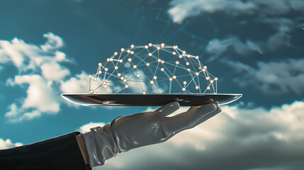 Waitresss hand in white glove presenting black social media network structure on metal tray and pointing on it with cloudy skyscape on background. 3D rendering, social media network structure 
