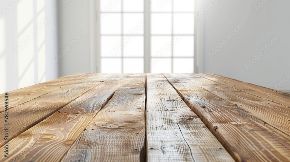 Poster a wooden table with a view of a window. suitable for home decor