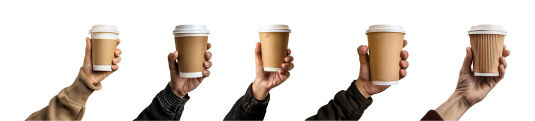 Collection of hand-holding takeaway coffee cups isolated on a transparent background, PNG - obrazy, fototapety, plakaty