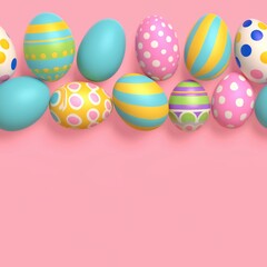 Fototapeta na wymiar Row of colorful Easter eggs on a pink background. Great for Easter holiday designs