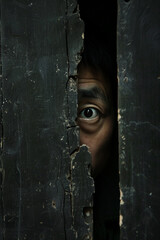 A person peeking through a crack on a wall	