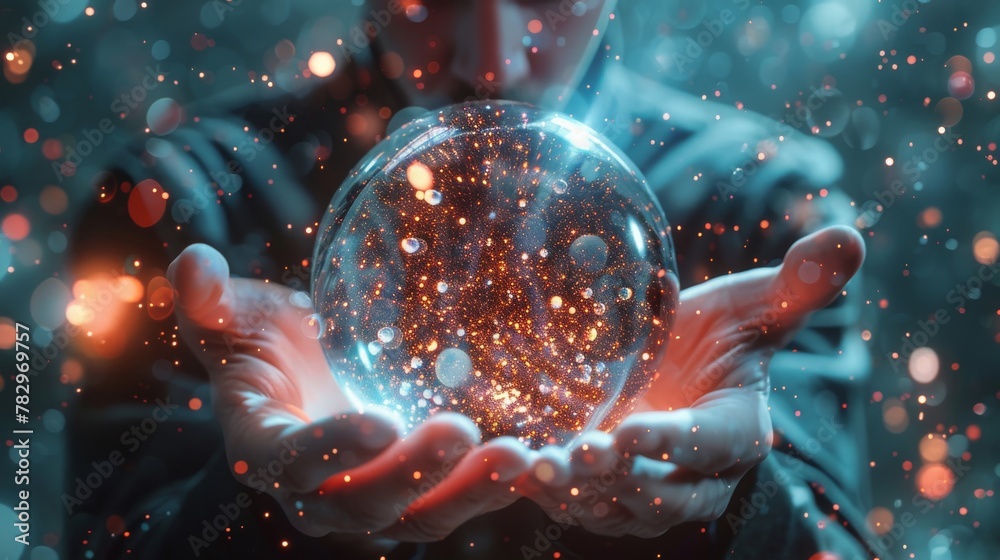 Poster Using anaglyph holograms and a 3D rendering of a digital sphere, a businessman stands on a blurred background