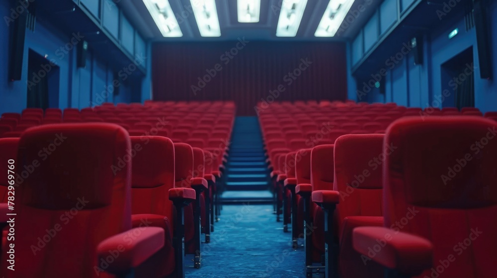 Poster An empty theater with red seats and stairs. Ideal for theater and performance concepts