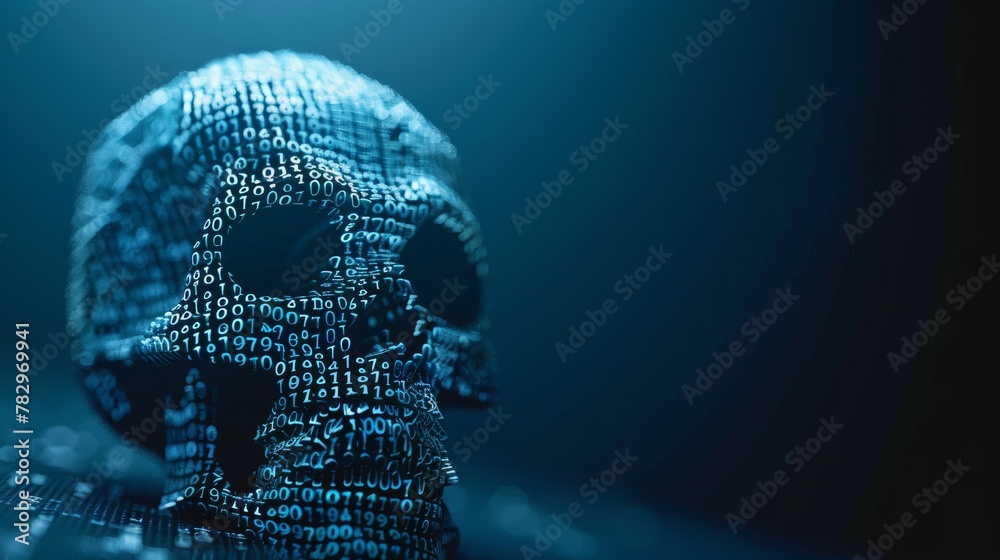Poster Using binary codes in combination with a skull shape, this concept represents cyber crime, internet piracy, and hacking