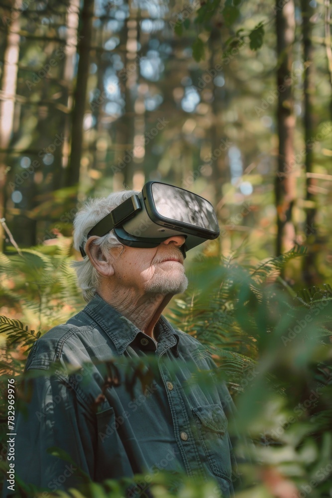 Poster a man wearing a virtual reality headset in the woods. suitable for technology and nature concepts