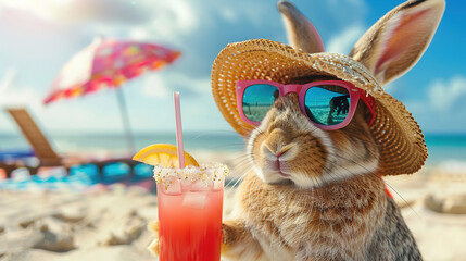 Happy and smiling to rabbit in a bright summer hat and stylish sunglasses holding a cocktail glass with a tasty drink on the beach
