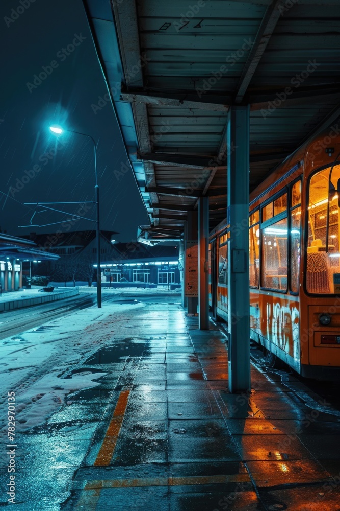 Poster A bus parked at a bus stop at night. Suitable for transportation themes