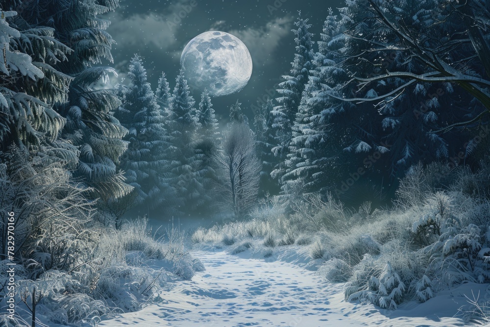 Poster a snowy forest landscape with a full moon in the sky. suitable for winter and nature themes