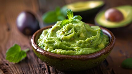 Guacamole sauce in brown bowl