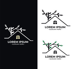 house with window and tree branch vector logo. tree house modern logo