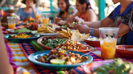 People sit at decorated table with traditional Mexican food
