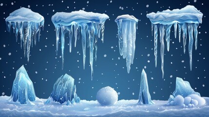 Isolated modern set of snow caps, icicles, snowballs and snowdrifts for winter decorations. - obrazy, fototapety, plakaty