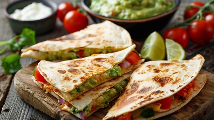 Quesadilla and guacamole sauce with tomatoes