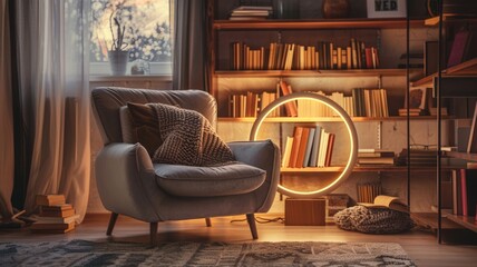 cozy reading nook in the evening, featuring a classic wingback chair and a modern circular floor lamp
