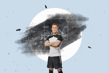 Soccer player stands in front of the chalk board with tactical scheme in soccer game. Flat Desighn...