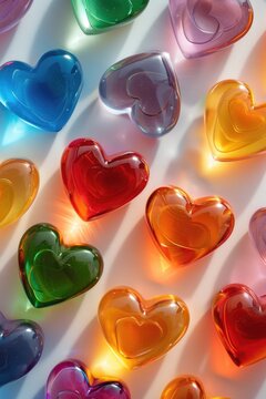A close up image of many different colored hearts. Suitable for Valentine's Day designs