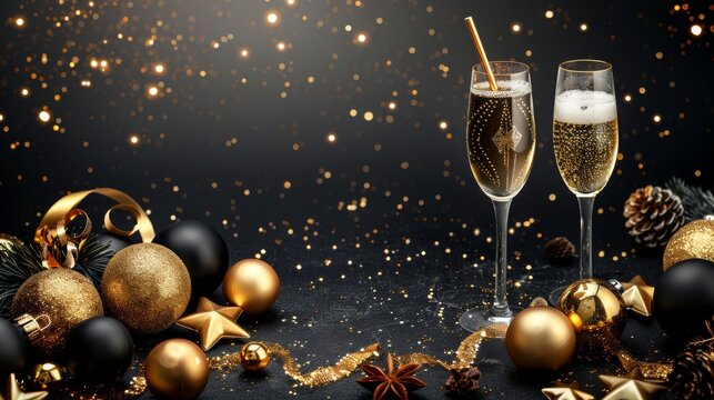 Happy new year 2018 gold and black colors place for text christmas balls star champagne glass layer brochure 2019 2020