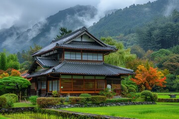Fototapeta na wymiar A tranquil scene featuring a Chinese temple and a Japanese garden nestled amidst the serene mountains, blending architecture, culture, and nature harmoniously