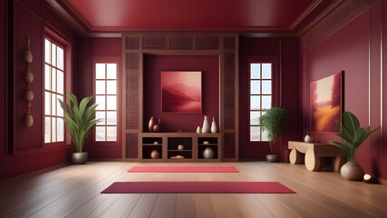 The interior of a cozy yoga room in red burgundy tones.