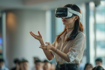 A woman using a virtual reality glasses to design a new product, demonstrating the use of innovative technology in business innovation