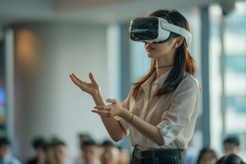 Obraz premium A woman using a virtual reality glasses to design a new product, demonstrating the use of innovative technology in business innovation
