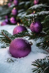 A close up of a purple Christmas ornament in the snow. Perfect for holiday designs