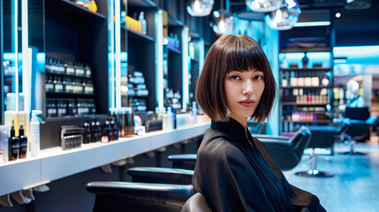 Fashionable woman with a sleek bob haircut in a modern salon, style and beauty concept.