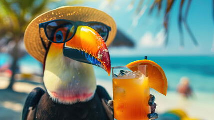 Naklejka premium Happy and smiling to toucan in a bright summer hat holding a cocktail glass with a tasty drink on the beach
