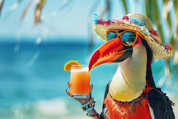 Naklejka premium Happy and smiling to toucan in a bright summer hat holding a cocktail glass with a tasty drink on the beach