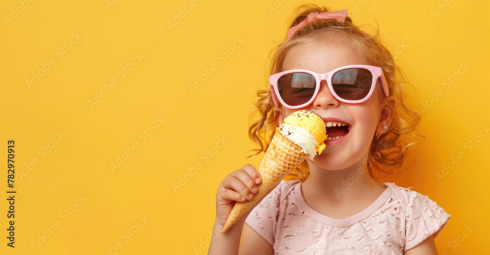 Wall mural photo of a girl in sunglasses eating ice cream on a yellow background, copy space concept for advert - Wall murals