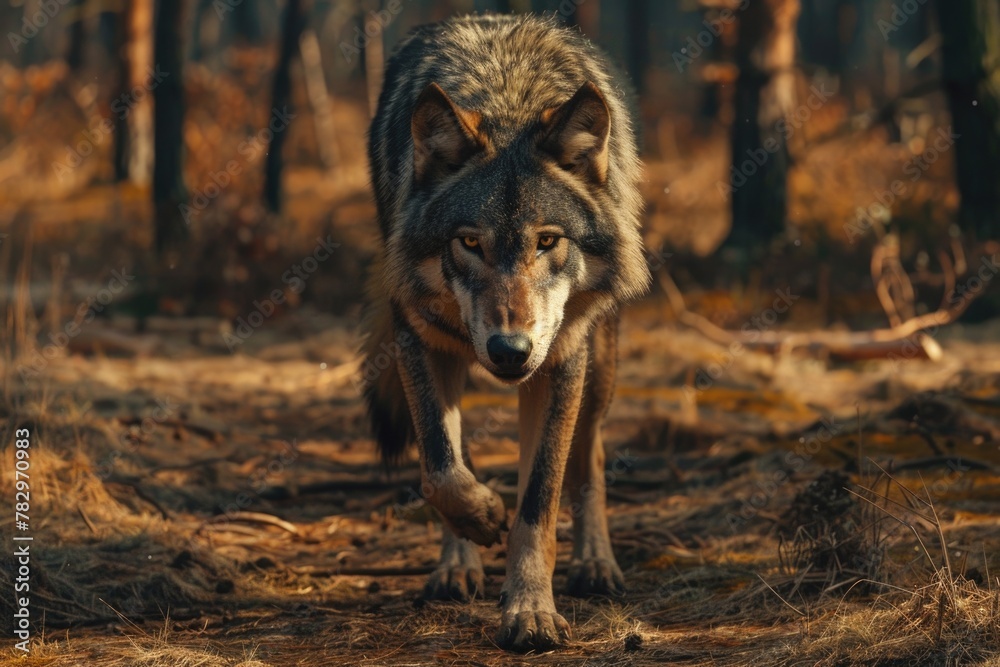 Canvas Prints A majestic wolf walking through a sunlit forest. Ideal for nature and wildlife themes