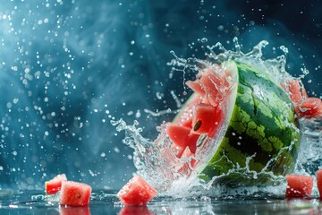 A dynamic scene of a watermelon being smashed open - obrazy, fototapety, plakaty