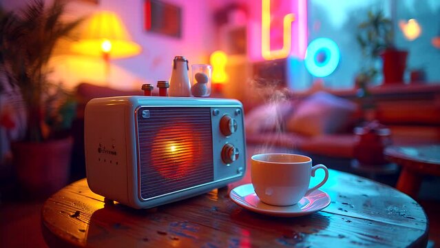 cup of coffee with an antique radio on the table in the evening, World music day concept. Seamless looping 4k time-lapse video animation background