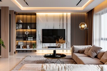 A minimalist and elegant living room that epitomizes modern interior design This contemporary setting combines luxury with comfort, featuring a stylish and spacious living area