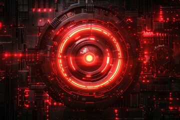 Fototapeta premium Distressed propaganda poster featuring two faded red circles reminiscent of menacing cyborg eyes, casting an eerie glow on a dark backdrop