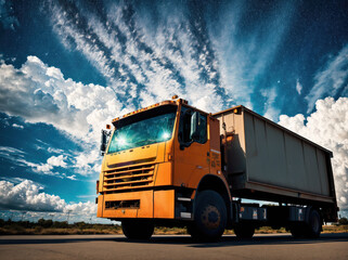A yellow dump truck driving down a road with a cloudy sky in the background.