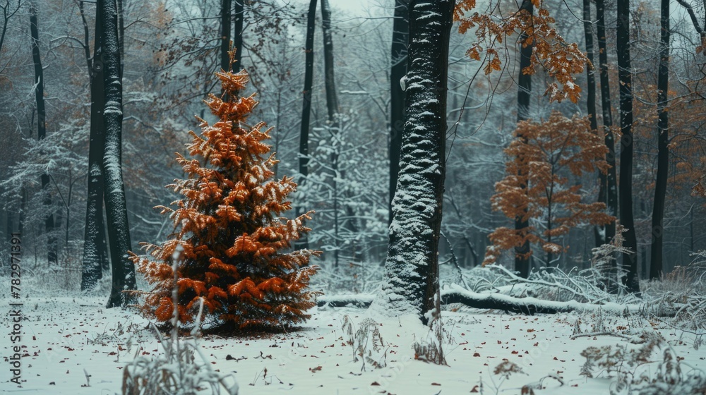Poster a small tree in the middle of a snowy forest. suitable for winter-themed designs