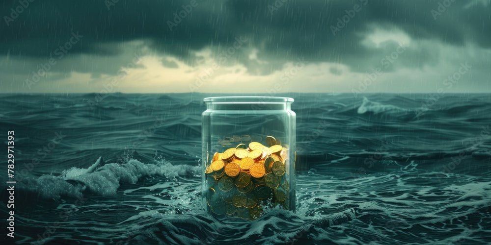 Poster Gold coins in a glass jar submerged in the ocean. Ideal for financial concepts