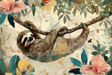 A sleepy sloth hanging from a watercolor tree