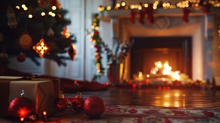 Fototapeta na wymiar Cozy holiday scene with decorated tree and presents